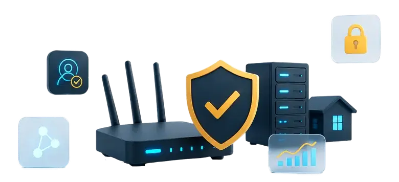 Home router, server rack and security shield representing a protected proxy network