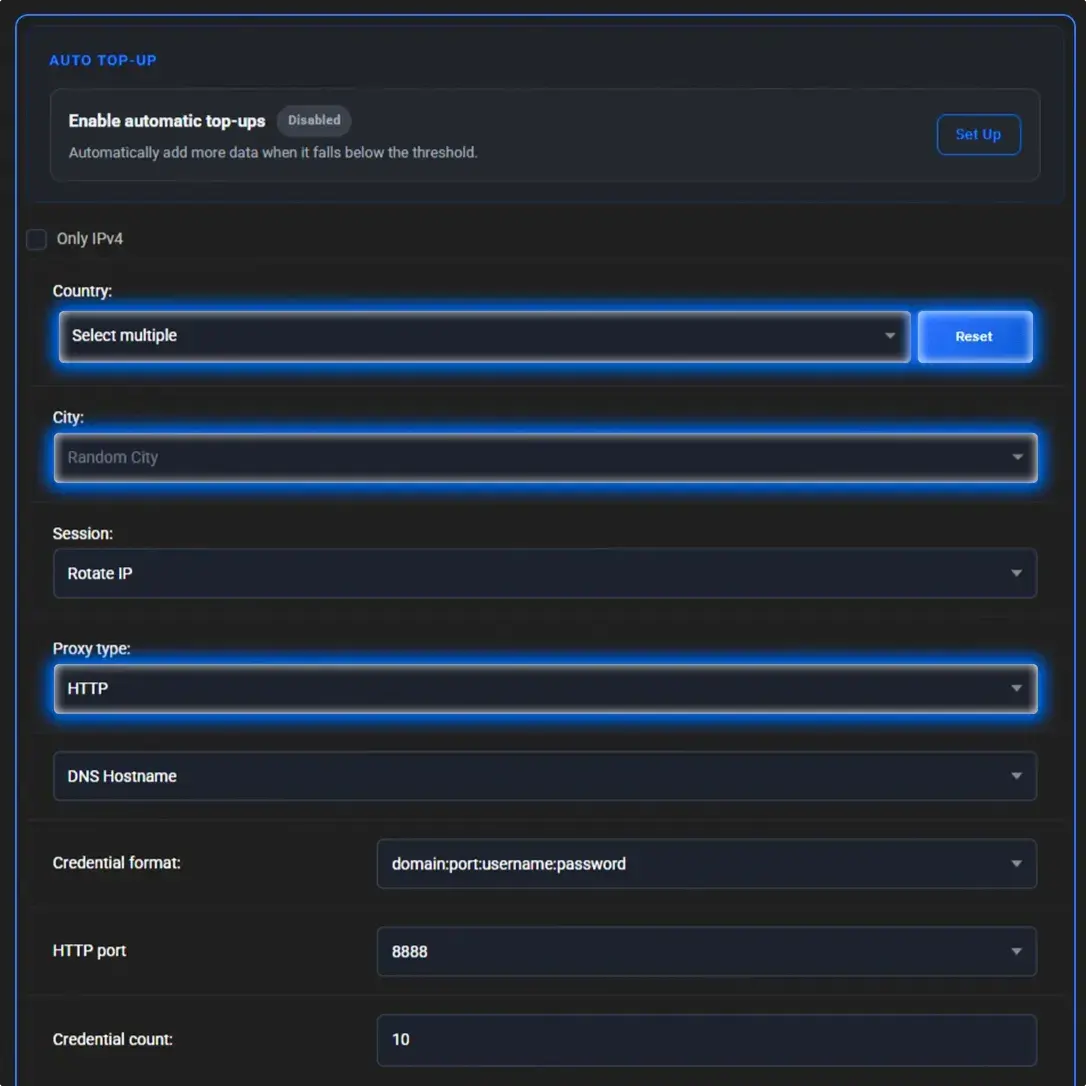 ProxyWing dashboard showing residential proxy traffic, targeting, and session settings