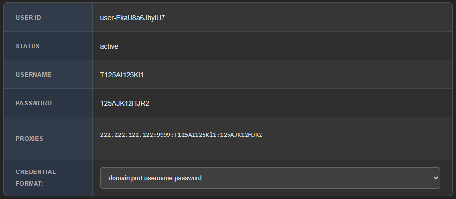 Product details table in the client area: User ID, Status, Username, Password, the proxy list and the Credential Format dropdown
