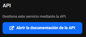 Bloque API de la tarjeta del producto con el botón Abrir la documentación de la API para gestionar el servicio mediante programación