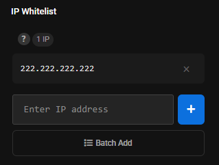 IP Whitelist block with one address added, the counter now at 1 IP and an x button next to the address for removing it