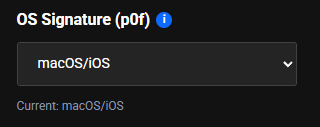 The OS Signature (p0f) field of the product card with macOS/iOS chosen and the current signature repeated under the list
