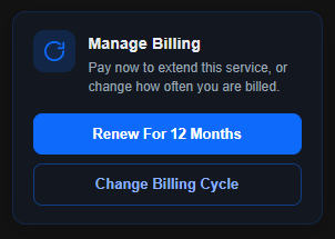 Billing management block with the button that renews the service for 12 months and the Change Billing Cycle button under it