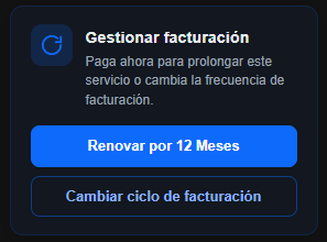 Bloque de gestión de facturación con el botón que renueva el servicio 12 meses y el botón Cambiar ciclo de facturación debajo