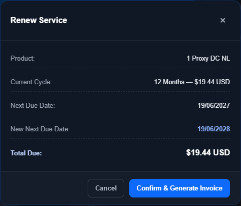 Service renewal window listing the product, current cycle, next due date, new next due date and total due, with the Confirm & Generate Invoice button