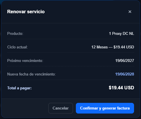Ventana de renovación del servicio con el producto, el ciclo actual, la próxima fecha de vencimiento, la nueva fecha y el total a pagar, y el botón Confirmar y generar factura