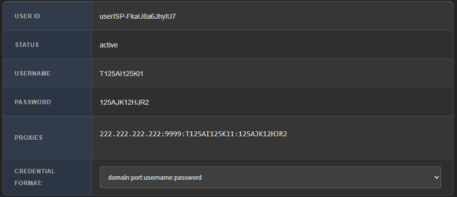 ISP NEW product details table in the client area: User ID, Status, Username, Password, Proxies and the Credential Format dropdown set to domain:port:username:password