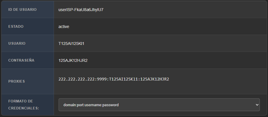 Tabla de datos del producto ISP NEW en la cuenta: ID de usuario, Estado, Usuario, Contraseña, Proxies y el desplegable Formato de credenciales con domain:port:username:password