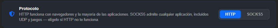 Bloque Protocolo de la tarjeta del producto ISP NEW con el selector HTTP y SOCKS5, con HTTP seleccionado
