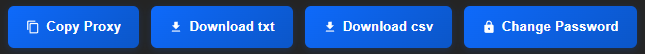 Row of proxy action buttons: Copy Proxy, Download txt, Download csv and Change Password