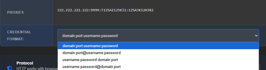 Open Credential Format dropdown of ISP NEW listing four formats: domain:port:username:password, domain:port@username:password, username:password:domain:port and username:password@domain:port