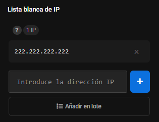 Panel Lista blanca de IP con la dirección 222.222.222.222 añadida, el contador 1 IP y la cruz para eliminarla