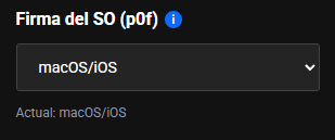 Bloque Firma del SO (p0f) con el desplegable en macOS/iOS y la línea Actual: macOS/iOS debajo