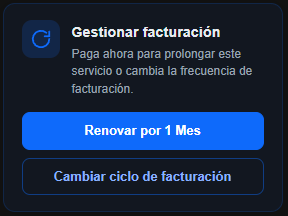 Tarjeta Gestionar facturación con los botones Renovar por 1 Mes y Cambiar ciclo de facturación