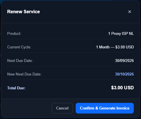 Renew Service dialog: product 1 Proxy ISP NL, current cycle 1 Month — $3.00 USD, next due date 30/09/2026, new next due date 30/10/2026, total due $3.00 USD, with the Cancel and Confirm & Generate Invoice buttons