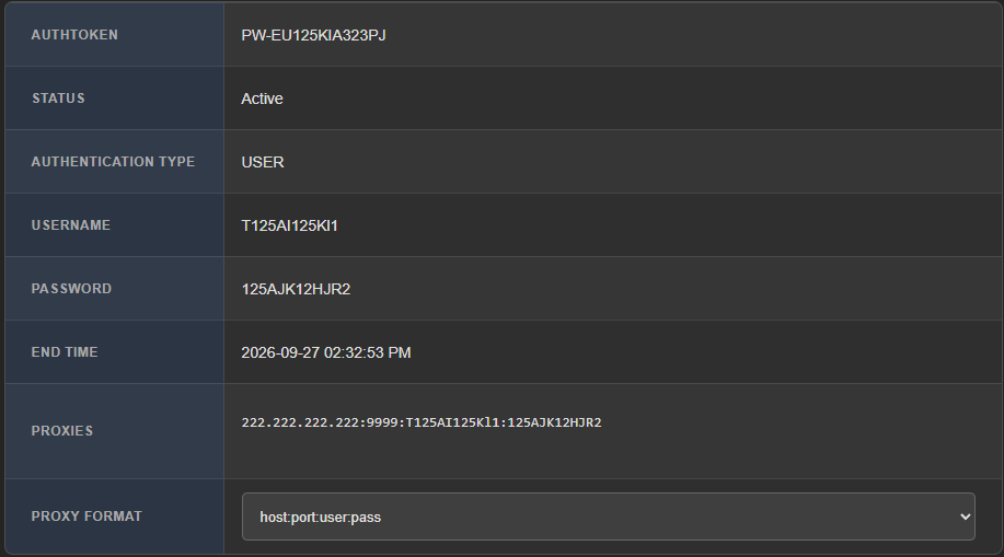 ISP OLD product details table: AuthToken, Status, Authentication Type USER, Username, Password, End Time, Proxies and the Proxy Format dropdown set to host:port:user:pass
