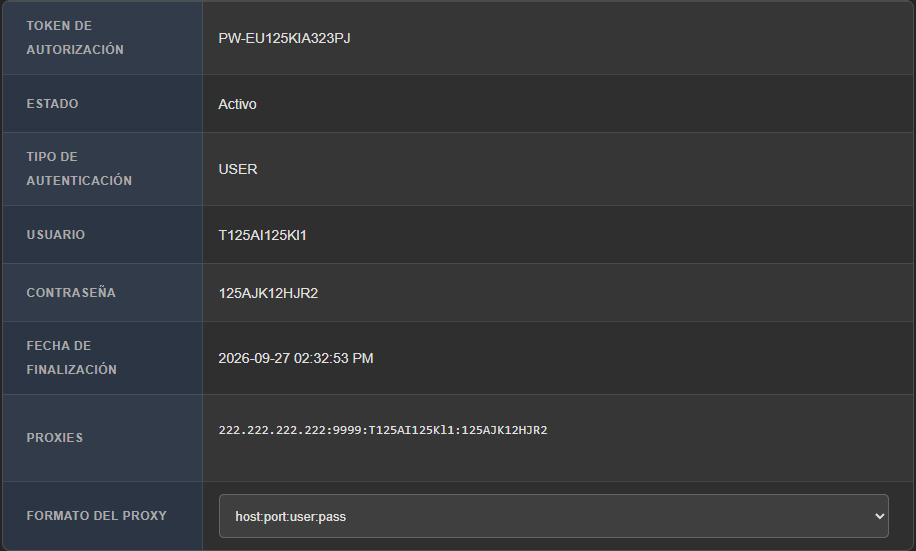 Tabla de datos del producto ISP OLD: token de autorización, estado, tipo de autenticación USER, usuario, contraseña, fecha de finalización, proxies y el desplegable Formato del proxy con host:port:user:pass