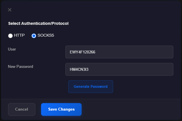Select Authentication/Protocol dialog with the HTTP and SOCKS5 radio buttons (SOCKS5 selected), the User and New Password fields, and the Generate Password, Cancel and Save Changes buttons