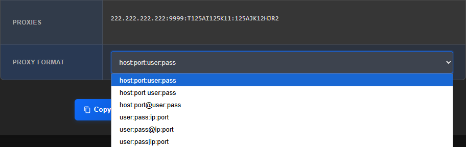 Open Proxy Format dropdown of ISP OLD listing six formats: host:port:user:pass, host:port user:pass, host:port@user:pass, user:pass:ip:port, user:pass@ip:port and user:pass|ip:port