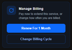 Manage Billing card with the Renew For 1 Month and Change Billing Cycle buttons