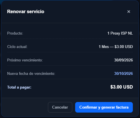 Diálogo Renovar servicio: producto 1 Proxy ISP NL, ciclo actual 1 Mes — $3.00 USD, próximo vencimiento 30/09/2026, nueva fecha de vencimiento 30/10/2026, total a pagar $3.00 USD, con los botones Cancelar y Confirmar y generar factura