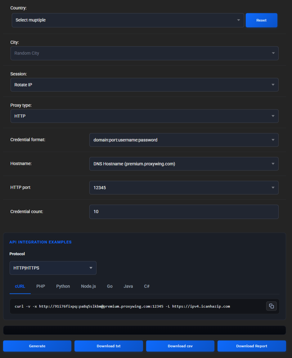 Premium proxy generator: the Country, City, Session, Proxy type, Credential format, Hostname (DNS Hostname premium.proxywing.com), HTTP port 12345 and Credential count 10 fields, the API integration examples panel with a cURL command, and the Generate, Download txt, Download csv and Download Report buttons