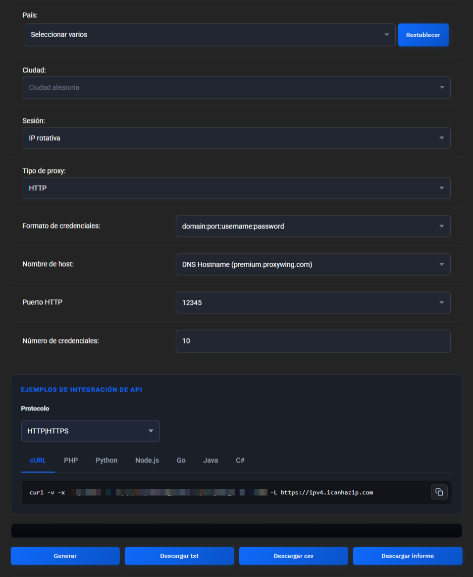 Generador de proxies Premium: los campos País, Ciudad, Sesión, Tipo de proxy, Formato de credenciales, Nombre de host (DNS Hostname premium.proxywing.com), Puerto HTTP 12345 y Número de credenciales 10, el panel Ejemplos de integración de API con un comando cURL y los botones Generar, Descargar txt, Descargar csv y Descargar informe