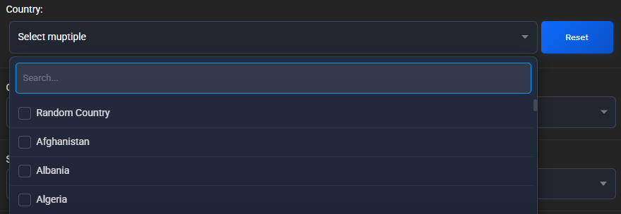 Open Country dropdown with a search box and the checkbox list starting with Random Country, Afghanistan, Albania and Algeria, next to the Reset button