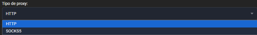 Desplegable Tipo de proxy abierto con las dos opciones HTTP (seleccionada) y SOCKS5