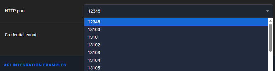 Open HTTP port dropdown of the Premium generator with 12345 selected, followed by 13100, 13101, 13102, 13103, 13104 and 13105