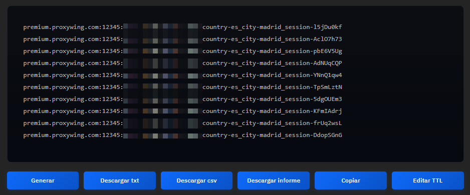 Diez credenciales Premium generadas con el formato premium.proxywing.com:12345 y los parámetros _country-us_city-newyorkcity_session-… (usuarios y contraseñas ocultos), sobre los botones Generar, Descargar txt, Descargar csv, Descargar informe, Copiar y Editar TTL