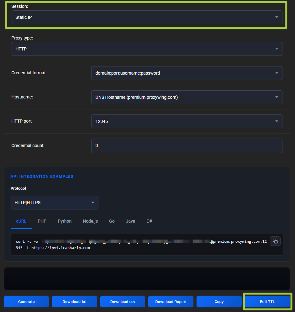 Premium generator with the Session field set to Static IP (highlighted), Credential count 0 and the Edit TTL button highlighted in the bottom button row