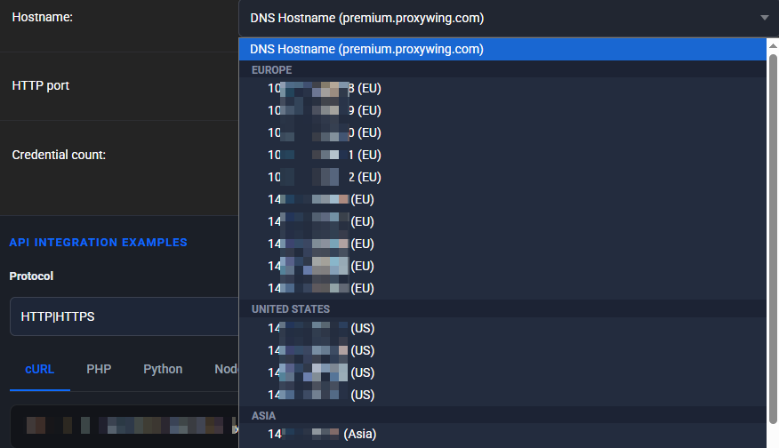 Open Hostname dropdown of the Premium generator: DNS Hostname (premium.proxywing.com) selected, followed by the IP entries grouped under EUROPE, UNITED STATES and ASIA (addresses blurred)