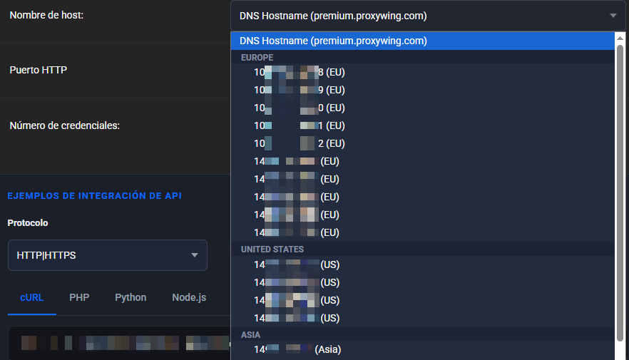 Desplegable Nombre de host del generador Premium abierto: DNS Hostname (premium.proxywing.com) seleccionado, seguido de las direcciones IP agrupadas en EUROPE, UNITED STATES y ASIA (direcciones ocultas)