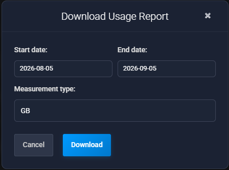 Download Usage Report dialog: Start date 2026-08-05, End date 2026-09-05, Measurement type GB, and the Cancel and Download buttons
