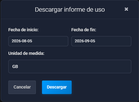 Diálogo Descargar informe de uso: Fecha de inicio 2026-08-05, Fecha de fin 2026-09-05, Unidad de medida GB y los botones Cancelar y Descargar