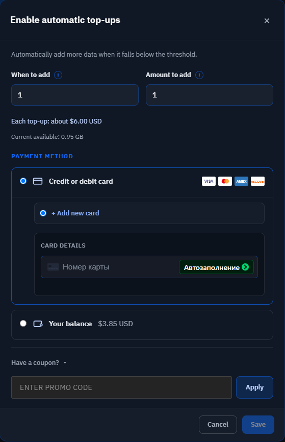 Enable automatic top-ups dialog: the When to add and Amount to add fields both set to 1, the note that each top-up costs about $6.00 USD with 0.95 GB currently available, the payment method choice between a credit or debit card and the $3.85 USD balance, a promo code field, and the Cancel and Save buttons