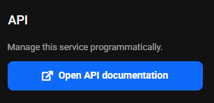 API block of the product card with the line about managing the service programmatically and the Open API documentation button