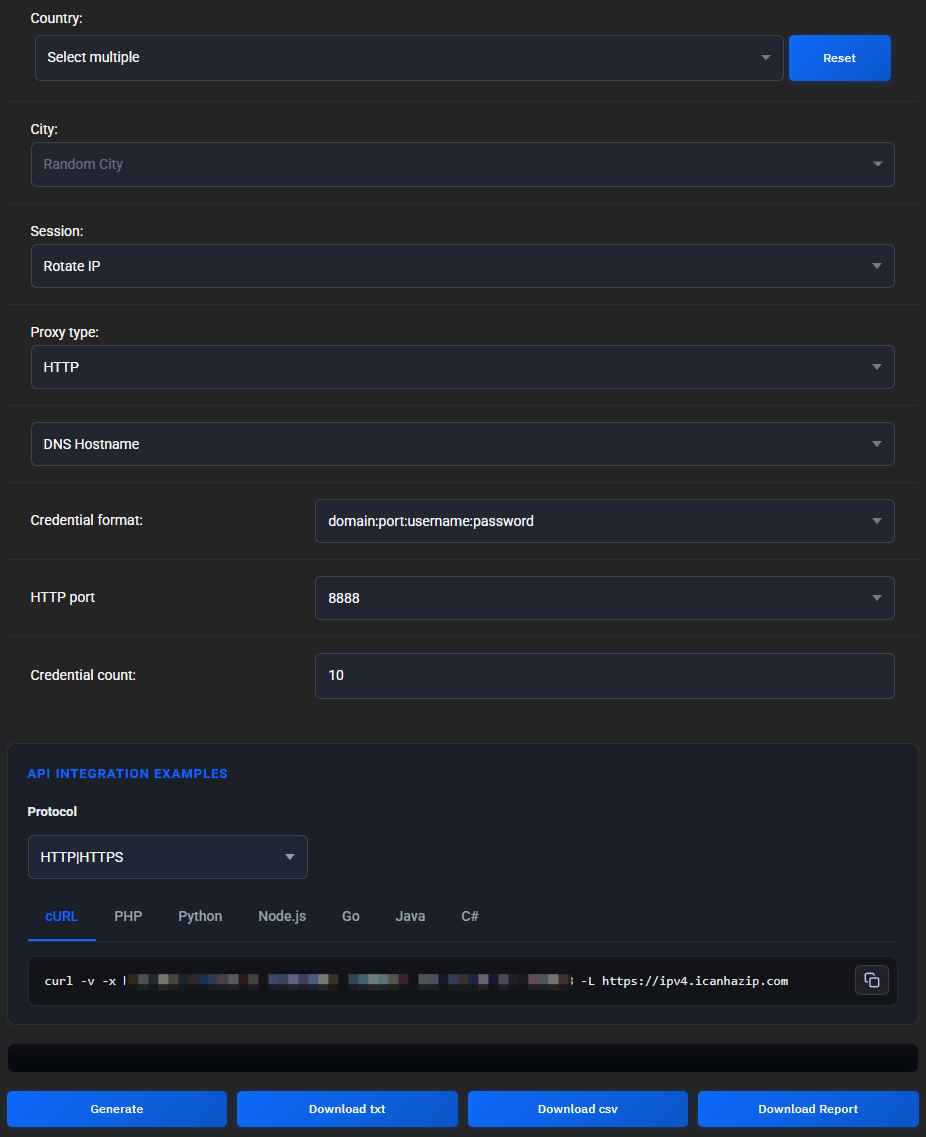 Standard proxy generator: the Country, City, Session, Proxy type, DNS Hostname, Credential format, HTTP port 8888 and Credential count 10 fields, the API integration examples panel with a cURL command, and the Generate, Download txt, Download csv and Download Report buttons