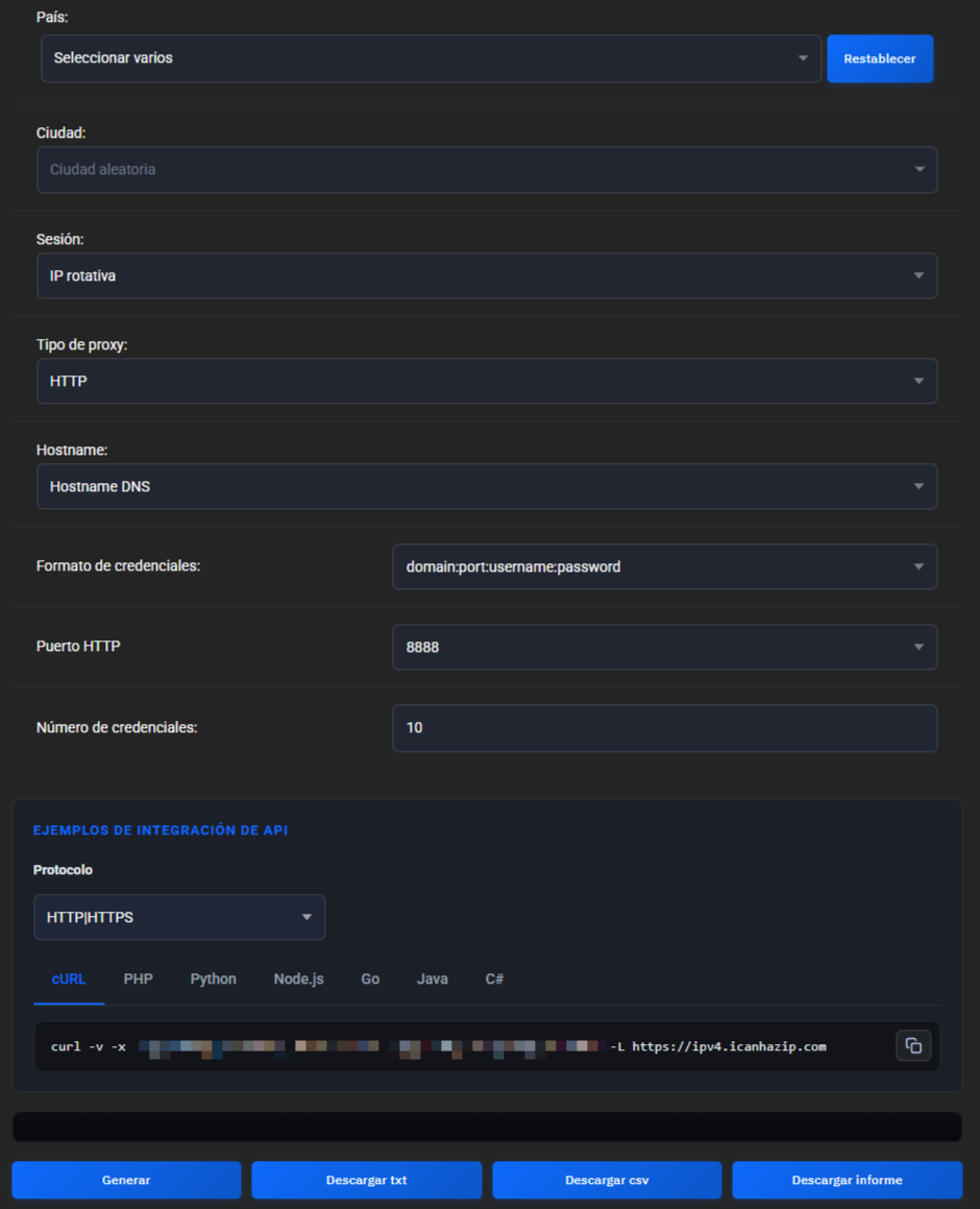 Generador de proxies Estándar: los campos País, Ciudad, Sesión, Tipo de proxy, DNS Hostname, Formato de credenciales, Puerto HTTP 8888 y Número de credenciales 10, el panel Ejemplos de integración de API con un comando cURL y los botones Generar, Descargar txt, Descargar csv y Descargar informe
