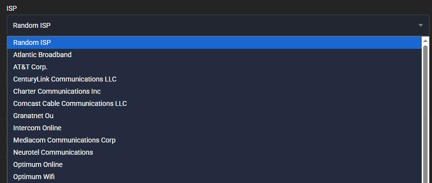 Open ISP dropdown: Random ISP selected, followed by Atlantic Broadband, AT&T Corp., CenturyLink, Charter, Comcast and other providers