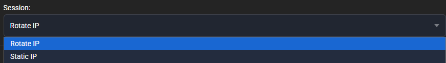 Open Session dropdown with the two options Rotate IP (selected) and Static IP