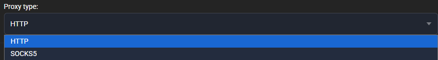 Open Proxy type dropdown with the two options HTTP (selected) and SOCKS5