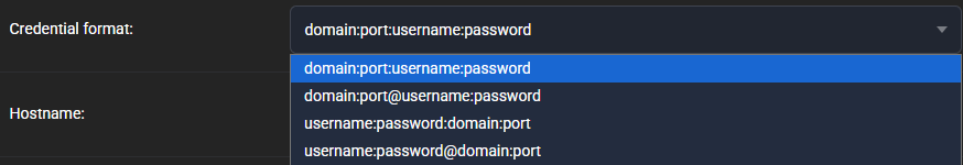 Open Credential format dropdown listing four formats: domain:port:username:password, domain:port@username:password, username:password:domain:port and username:password@domain:port