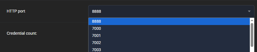 Open HTTP port dropdown of the Standard generator with 8888 selected, followed by 7000, 7001, 7002 and 7003