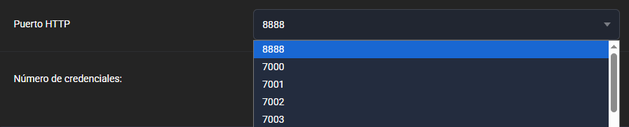 Desplegable Puerto HTTP del generador Estándar abierto con 8888 seleccionado, seguido de 7000, 7001, 7002 y 7003