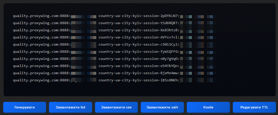 Десять згенерованих проксі Стандарт виду quality.proxywing.com:8888 з параметрами session-… (логіни та паролі приховані) над кнопками «Генерувати», «Завантажити txt», «Завантажити csv», «Завантажити звіт», «Копія» і «Редагувати TTL»