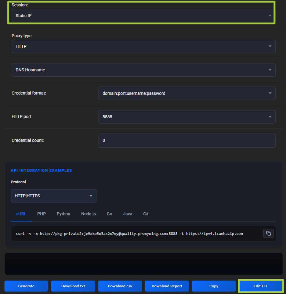Standard generator with the Session field set to Static IP (highlighted), Credential count 0, a cURL example pointing at quality.proxywing.com:8888 and the Edit TTL button highlighted in the bottom button row