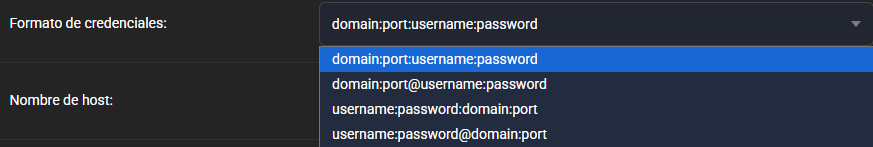 Desplegable Formato de credenciales abierto con cuatro formatos: domain:port:username:password, domain:port@username:password, username:password:domain:port y username:password@domain:port