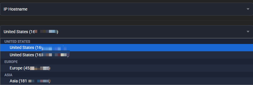 IP Hostname selected in the Standard generator and the address list opened below it, with two United States entries and one each under EUROPE and ASIA (addresses blurred)
